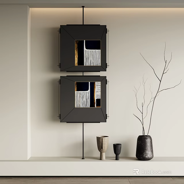 Abstract Geometric Wall Art Black Framed With Dried Branch Vase And Ceramic Sculptures 3d model 