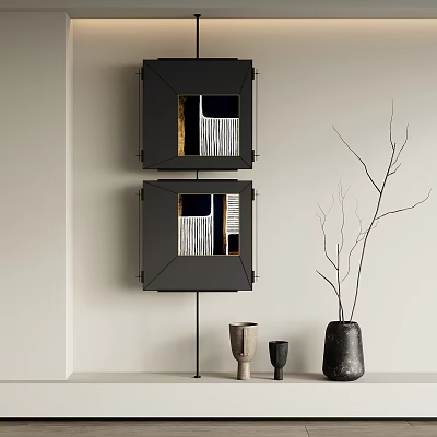 Abstract Geometric Wall Art Black Framed With Dried Branch Vase And Ceramic Sculptures 3d model
