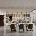 Modern Apparel Store Showroom With White Clothed Model Wooden Bookshelves Tables Chairs And Lighting