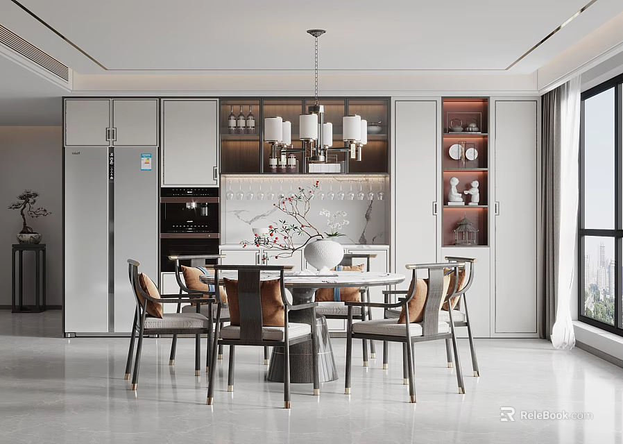Luxury Modern Dining Room Interior With Round Table Chairs Pendant Lights Cabinets And Decor 3d model 