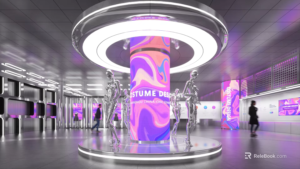 Costume Design Display With Circular Lighting Silver Mannequins And Colorful Violet Pink Patterns 3d model 