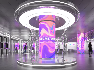 Costume Design Display With Circular Lighting Silver Mannequins And Colorful Violet Pink Patterns 3d model