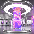 Costume Design Display With Circular Lighting Silver Mannequins And Colorful Violet Pink Patterns