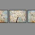 Three Panel Decorative Paintings with Flowering Tree Birds and Light Blue Beige Background 3d model