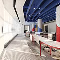 Modern Public Office Interior With Blue Ceiling White Columns And Office Desks