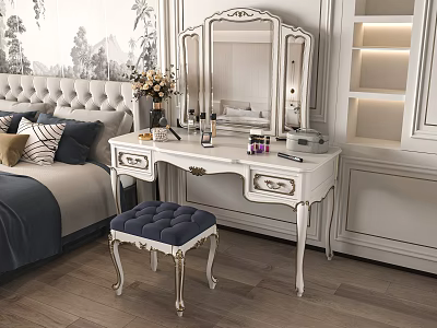 Elegant White Carved Dressing Table with Mirror Blue Upholstered Stool Cosmetics Flower Vase in Bedroom 3d model