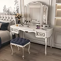 Elegant White Carved Dressing Table with Mirror Blue Upholstered Stool Cosmetics Flower Vase in Bedroom