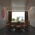 Elegant Private Dining Room With Round Table Wooden Chairs And Chinese Wall Decor 3d model