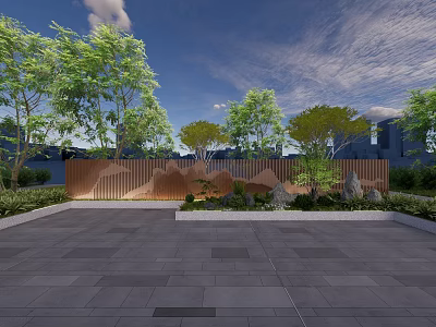 Outdoor Landscape Wall Design With Green Trees Plants And Stones In Courtyard 3d model