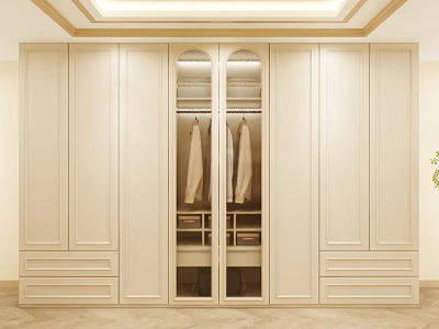 Elegant Beige Wardrobe Featuring Paneled Doors Glass Fronted Sections Hanging Space And Bottom Drawers 3d model