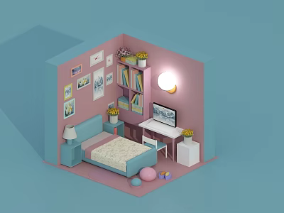 Cartoon Scene Room Interior With Bed Desk Bookshelf And Colorful Balls 3d model