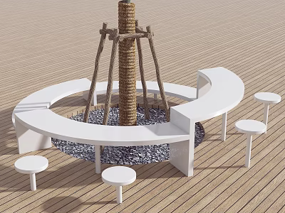 White Circular Outdoor Table with Bench Stools and Rope Wrapped Pole on Wooden Deck 3d model