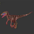 Colorful 3D Rendered Velociraptor in Standing Pose with Open Mouth and Dark Background Reflection