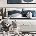 Modern Kids Bedroom With Blue White Pillows Wall Art Study Desk And Stuffed Toys