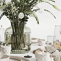 Elegant Tableware Set With White Flower Vase Wine Glasses Plates Cups And Dinnerware 3d model