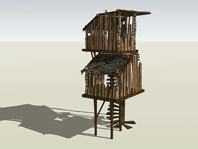 Two Story Elevated Wooden House with Wooden Log Walls Ladder Access and Dark Roof Design 3d model