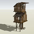 Two Story Elevated Wooden House with Wooden Log Walls Ladder Access and Dark Roof Design