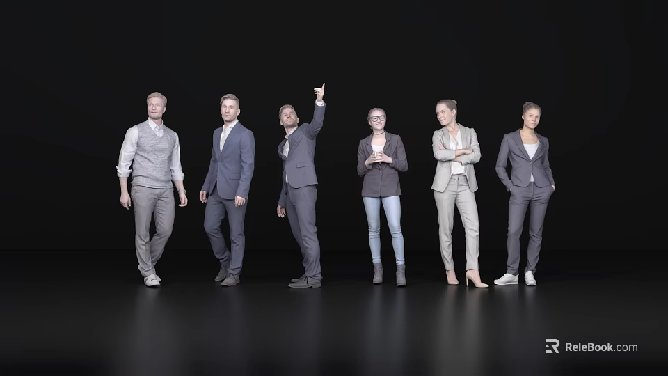 Group Of Diverse Business Professionals Standing With Varied Poses In Studio Setting 3d model 