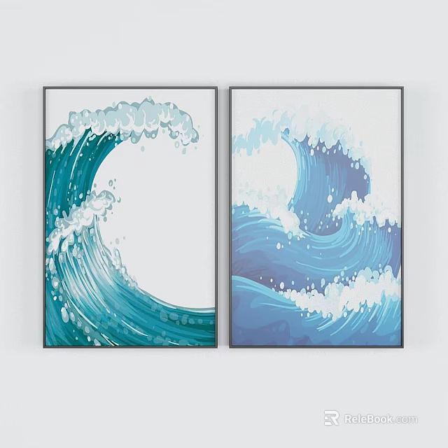 Two Panel Abstract Wave Wall Art With Blue Green And Purple Framed Design 3d model 