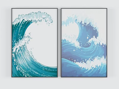 Two Panel Abstract Wave Wall Art With Blue Green And Purple Framed Design 3d model
