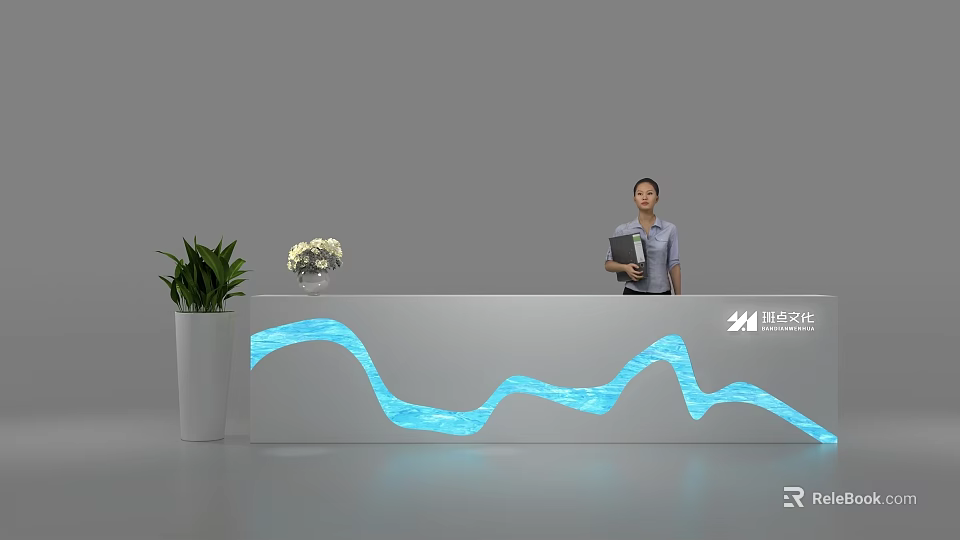 Reception Desk With Blue Wavy Illuminated Design Green Plant Staff Holding Folder Rongchuang Culture Logo 3d model 