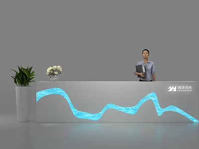 Reception Desk With Blue Wavy Illuminated Design Green Plant Staff Holding Folder Rongchuang Culture Logo 3d model