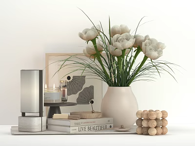 Decorative Ornament Set With White Flowers Beige Vase Books Table Lamp And Wooden Beads 3d model