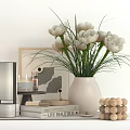 Decorative Ornament Set With White Flowers Beige Vase Books Table Lamp And Wooden Beads