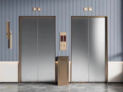 Modern Elevator Interior With Double Doors Blue Striped Walls And Gold Accents 3d model