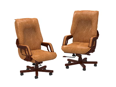 Classic Brown Upholstered Office Chairs With Armrests And Five Wheel Wooden Base Design 3d model