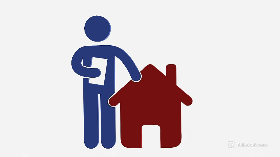 Simple Blue Person Holding Paper Document Next To Red House Icon 3d model 