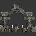 Ancient Stone Arch Structure With Totem Poles Face Carvings Shield Decoration And Candles