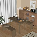Wooden Dining Table Set With Bench Cabinet Plant And Natural Light