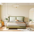 Cozy Modern Double Bed With Green Upholstered Headboard Pillows Checkered Blanket Nightstand And Green Plants