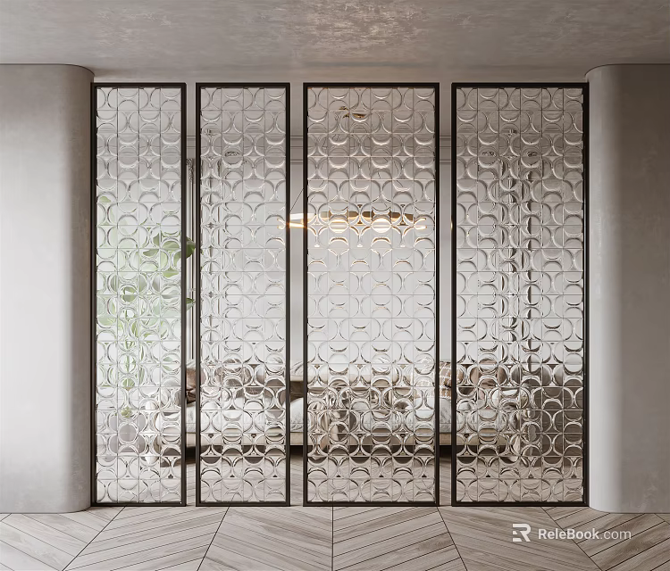 Modern Glass Room Divider With Circular Patterns And Black Frame Interior 3d model