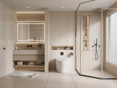 Modern Minimalist Bathroom With Vanity Mirror Toilet Glass Shower And Rug 3d model
