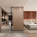 Modern Hotel Room Interior With King Bed TV Wooden Flooring And Decorative Painting