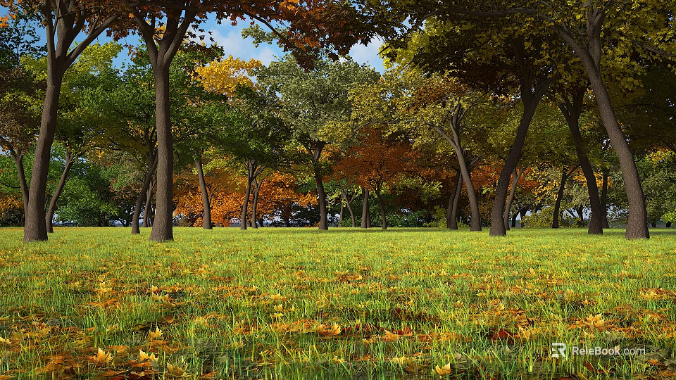 Autumn Rural Landscape With Green Yellow Orange Trees And Fallen Leaves On Grassland 3d model 