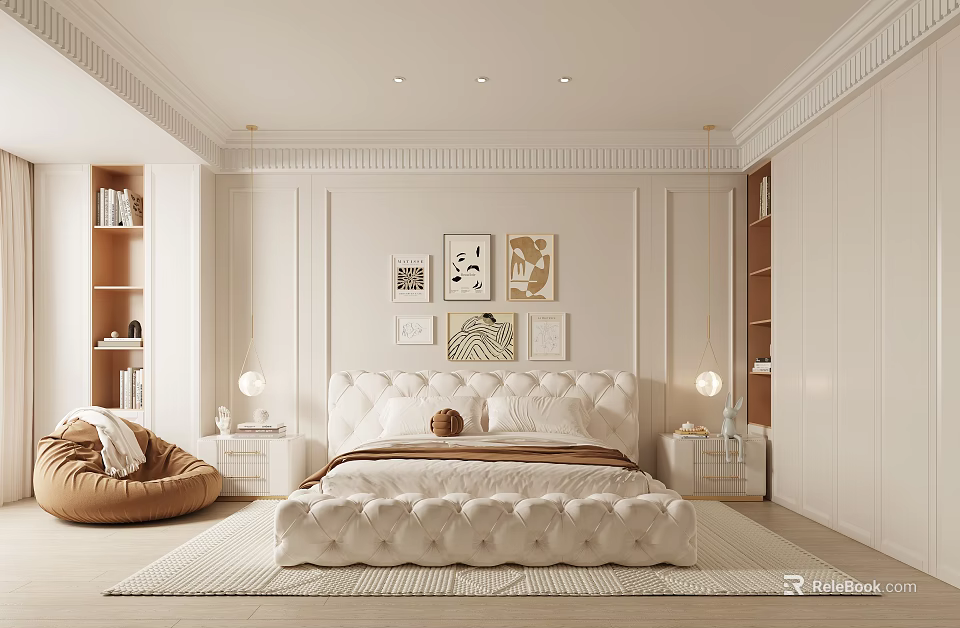 Elegant Modern Bedroom Interior With Tufted Bed Framed Artworks And Area Rug 3d model 