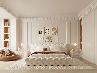 Elegant Modern Bedroom Interior With Tufted Bed Framed Artworks And Area Rug 3d model