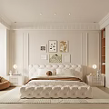 Elegant Modern Bedroom Interior With Tufted Bed Framed Artworks And Area Rug