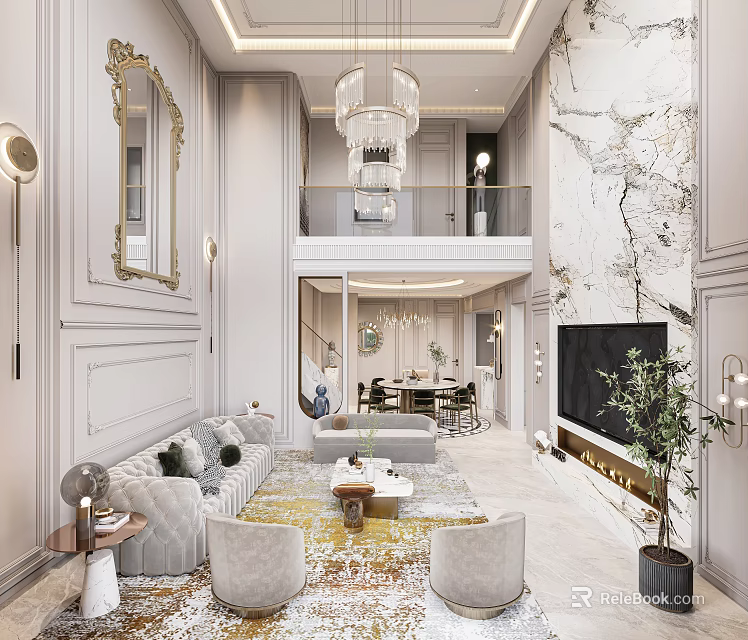 Luxurious Modern Loft Living Room Interior With Chandelier And Marble Wall 3d model 