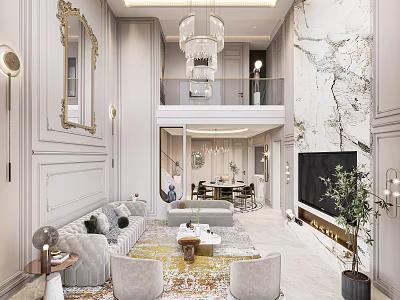 Luxurious Modern Loft Living Room Interior With Chandelier And Marble Wall 3d model