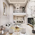 Luxurious Modern Loft Living Room Interior With Chandelier And Marble Wall
