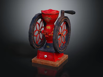 Vintage Red Kitchen Appliance With Wheels And Wooden Decorative Base 3d model