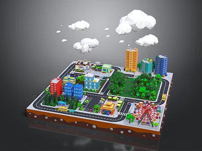 Cartoon City Scene With Colorful Buildings Roads Trees Ferris Wheel And Clouds Above 3d model