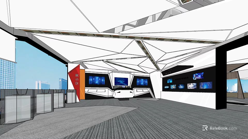 Modern Interior Space With Geometric Ceiling Multiple Screens And Gray Flooring 3d model