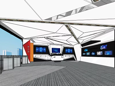 Modern Interior Space With Geometric Ceiling Multiple Screens And Gray Flooring 3d model