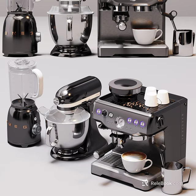 Modern Black Silver Kitchen Appliances Including Coffee Maker Blender And Toaster 3d model 