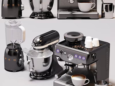 Modern Black Silver Kitchen Appliances Including Coffee Maker Blender And Toaster 3d model